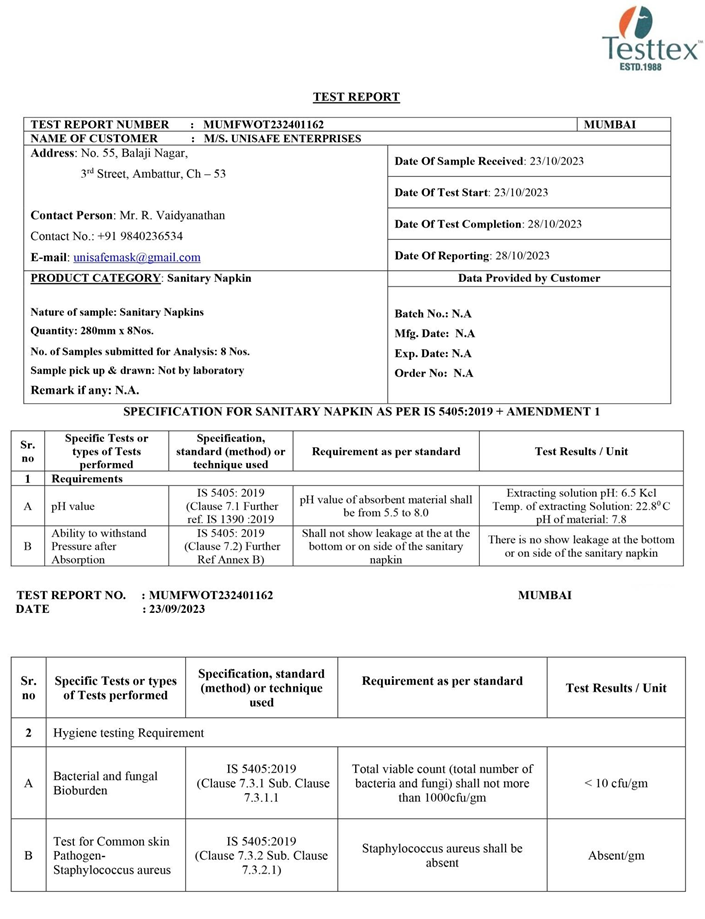 Unisafe Hygiene Test Report